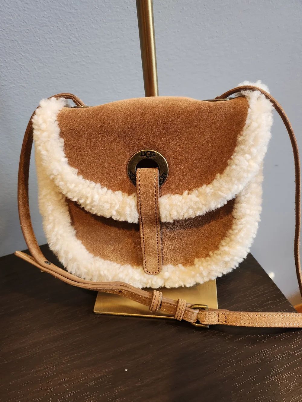 UGG Chestnut Suede Crossbody with Cream Shearling Trim
